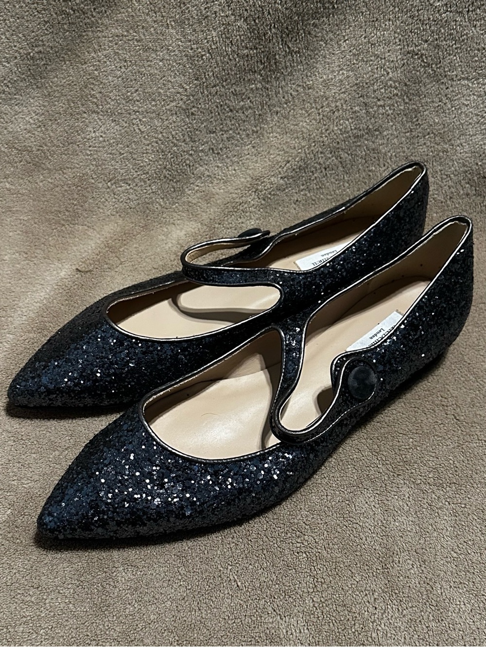 LK Bennett Black Glitter Mary-Jane Pointed Flats